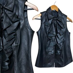 Anne Fontaine lambskin leather ruffled vest size 38 or small black button up